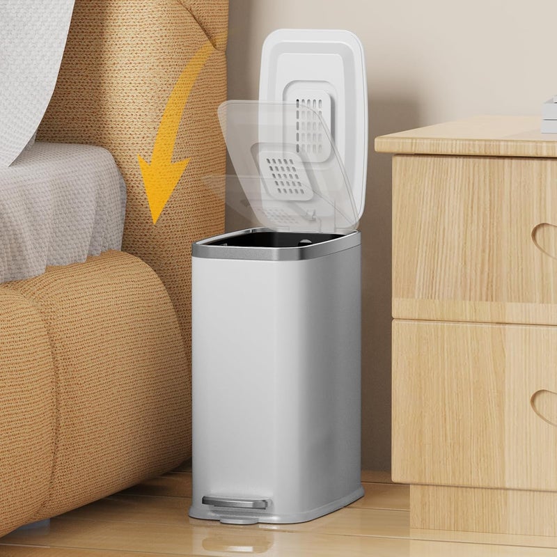 KdbK Stainless Steel Bathroom Trash Can with Lid Soft Close,1.6 Gallon Slim Garbage can,Small Metal Step Wastebasket for Office, Bedroom, Toilet, White - Image 3